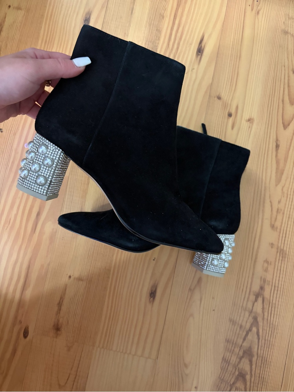 Sophia Webster Black Suede Ankle Boots with Jeweled Pearl Block Heels